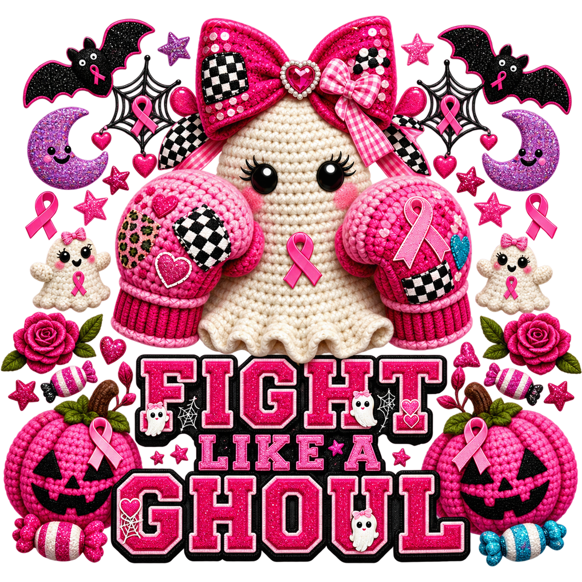 Pattern Y2-4 pink ribbon and faux crochet collection DTF transfer