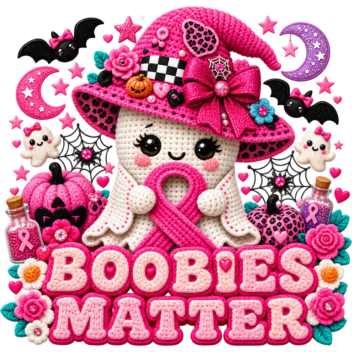 Pattern Y2-6 pink ribbon and faux crochet collection DTF transfer
