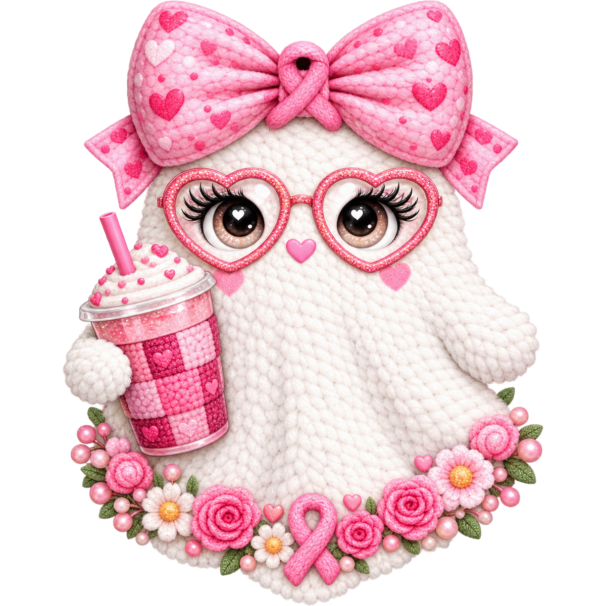 Pattern Y2-7 pink ribbon and faux crochet collection DTF transfer