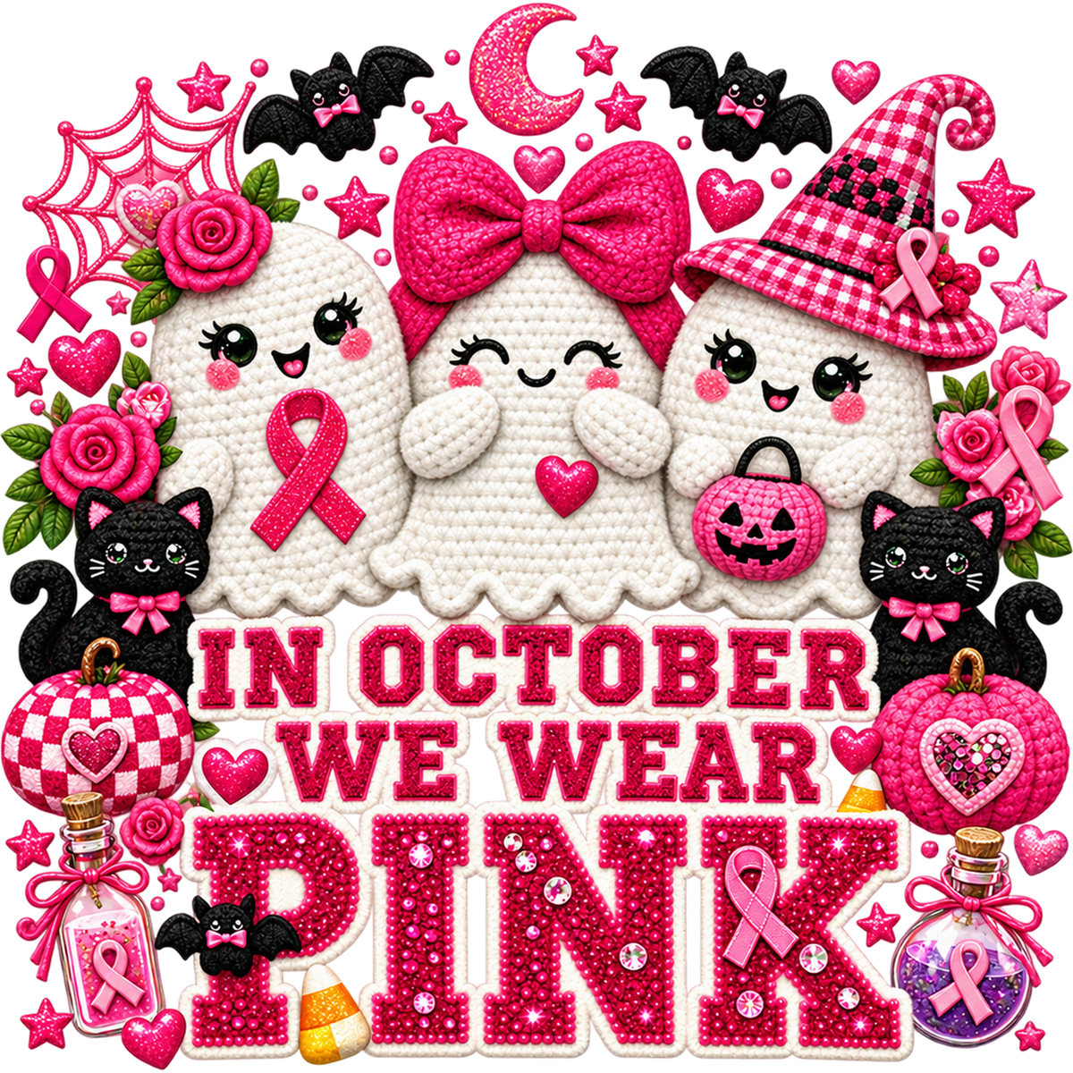 Pattern Y2-8 pink ribbon and faux crochet collection DTF transfer