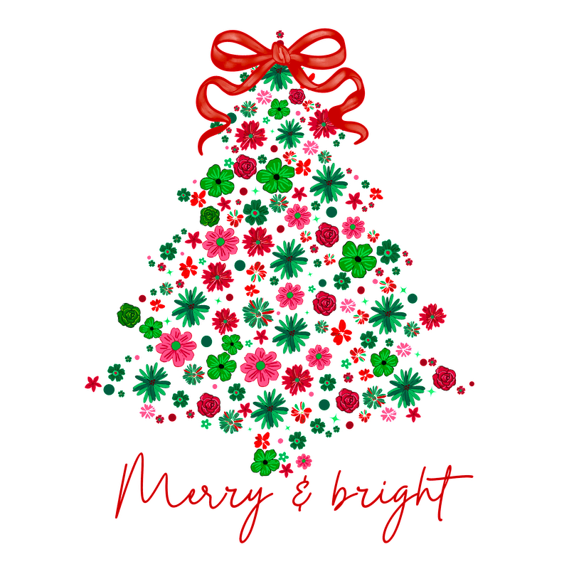 Festive floral Christmas tree adorned with a cheerful red bow and "Merry & bright".DTF Transfers