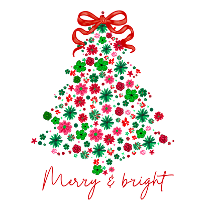 Festive floral Christmas tree adorned with a cheerful red bow and "Merry & bright".DTF Transfers