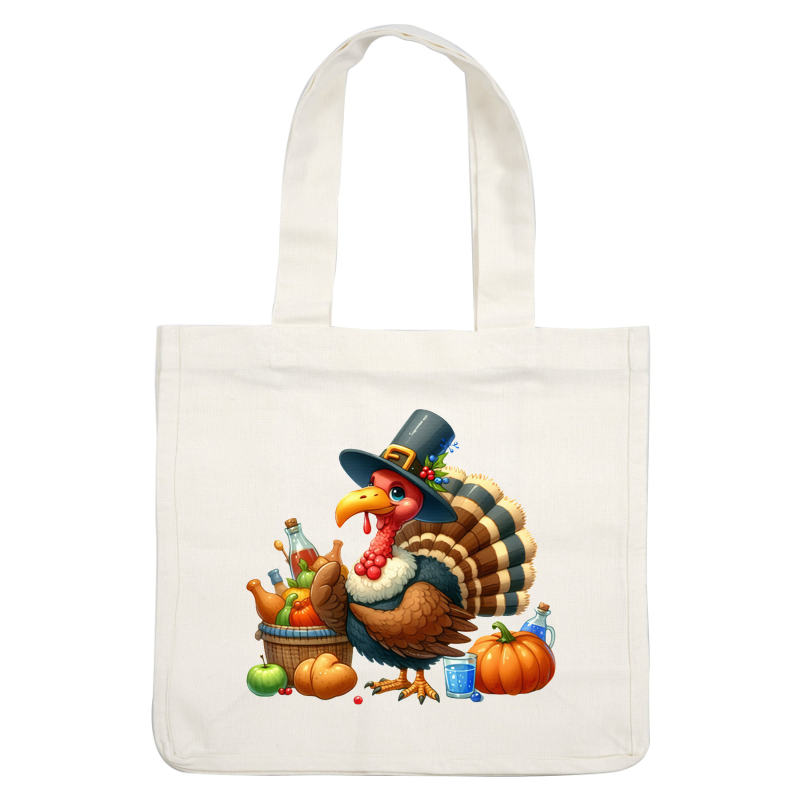 A cheerful cartoon turkey wearing a hat, surrounded by pumpkins, fruits, and beverages, celebrating a festive harvest theme. dtf transfers