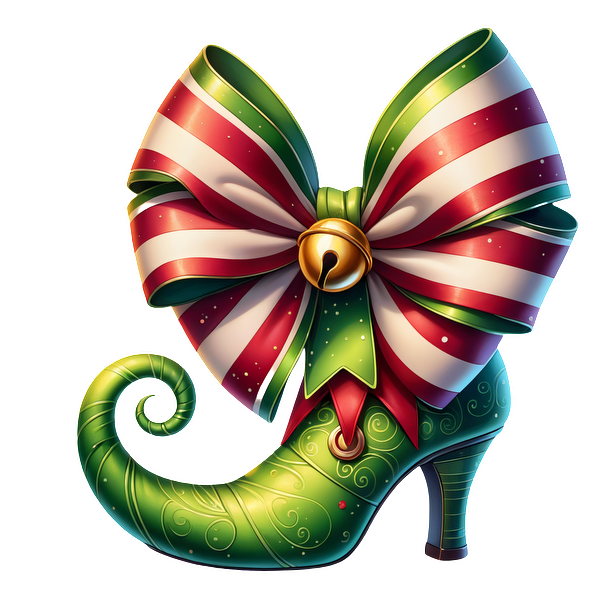 A whimsical green elf shoe adorned with a festive red and white striped bow, complete with a jingle bell. dtf transfers