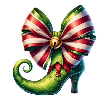 A whimsical green elf shoe adorned with a festive red and white striped bow, complete with a jingle bell. dtf transfers