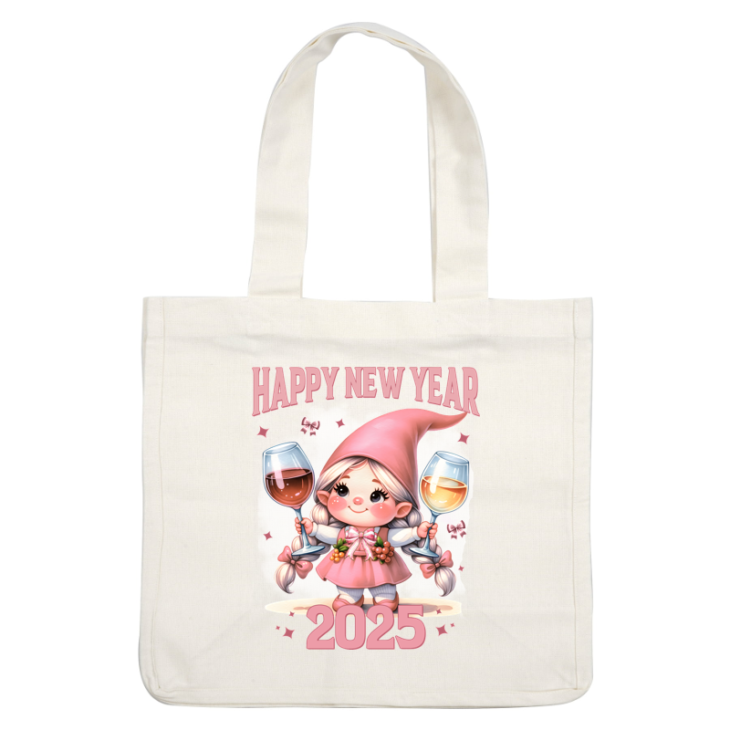 Celebrate the New Year 2025 with this adorable cartoon gnome girl, joyfully holding glasses of wine!DTF Transfers dtf prints