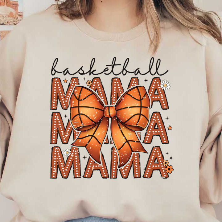 A fun and vibrant graphic featuring a basketball-themed bow and the word "Mama," perfect for proud basketball moms! dtf transfers