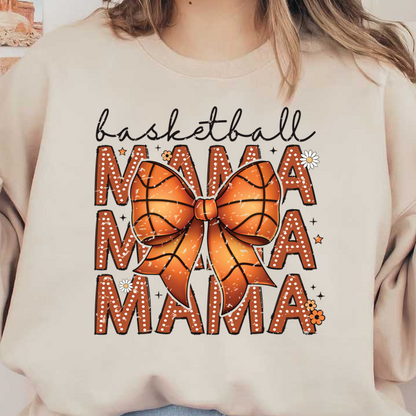 A fun and vibrant graphic featuring a basketball-themed bow and the word "Mama," perfect for proud basketball moms! dtf transfers