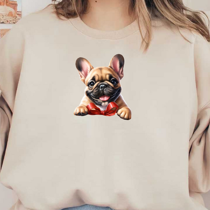 A playful French Bulldog puppy wearing a bright red bow, showcasing its adorable features and cheerful expression. dtf prints