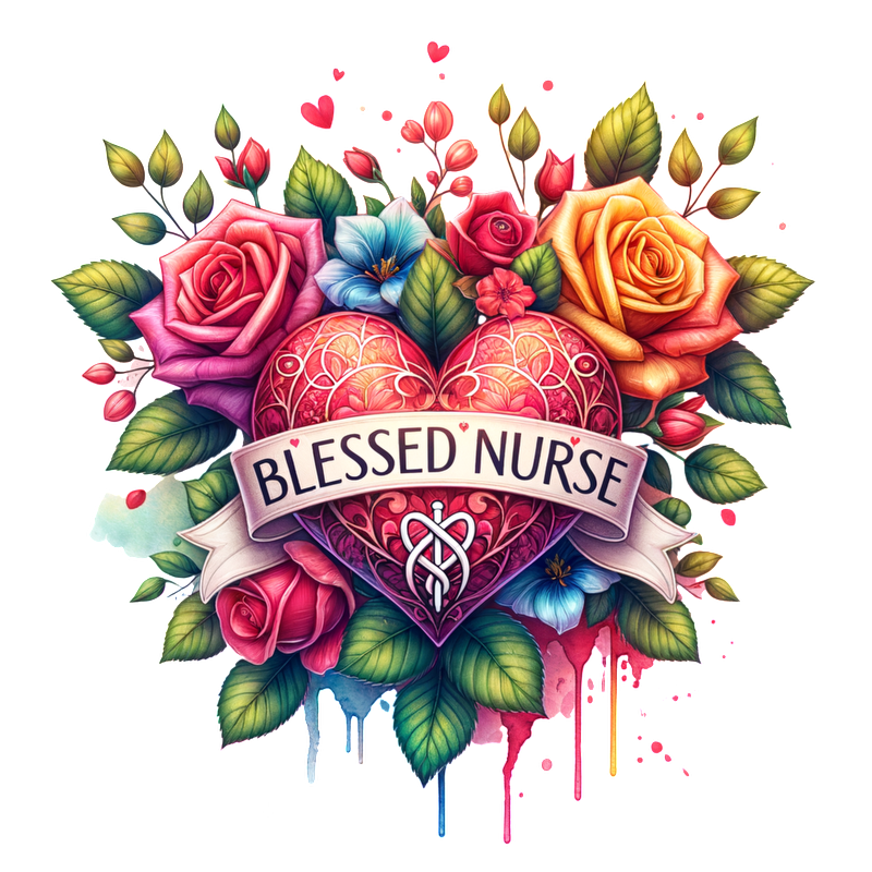 A beautifully illustrated heart surrounded by vibrant roses and flowers, featuring the phrase "Blessed Nurse" on a banner.DTF Transfers