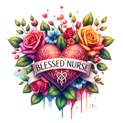 A beautifully illustrated heart surrounded by vibrant roses and flowers, featuring the phrase "Blessed Nurse" on a banner.DTF Transfers