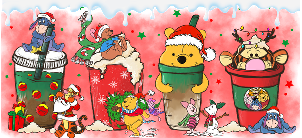 A festive illustration featuring beloved characters from Winnie the Pooh, joyfully celebrating around holiday-themed drinks on a vibrant red background.UV Transfersdtf regular iron