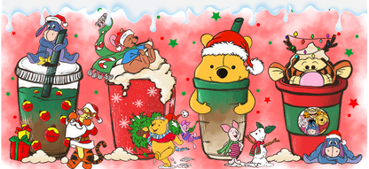 A festive illustration featuring beloved characters from Winnie the Pooh, joyfully celebrating around holiday-themed drinks on a vibrant red background.UV Transfersdtf regular iron