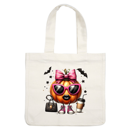 Esta moderna calabaza presenta un lazo rosa, gafas de sol de gran tamaño, zapatillas elegantes y está complementada con un bolso y una taza de café.