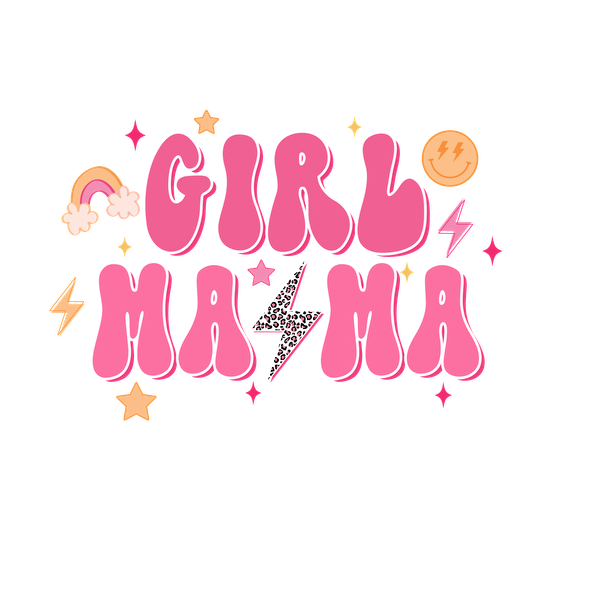 Un diseño vibrante y divertido que presenta "GIRL MAMA" en llamativas letras rosas, acentuadas con íconos divertidos como arcoíris, estrellas y rayos.