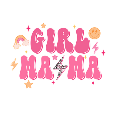 Un diseño vibrante y divertido que presenta "GIRL MAMA" en llamativas letras rosas, acentuadas con íconos divertidos como arcoíris, estrellas y rayos.