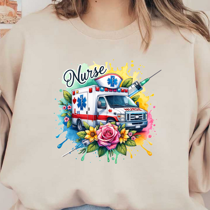 A vibrant, artistic tribute to nurses featuring an ambulance surrounded by colorful flowers and medical symbols, celebrating their vital role.DTF Transfers