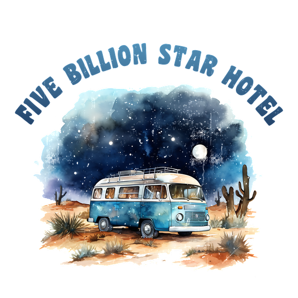 Una ilustración caprichosa de una autocaravana azul antigua bajo un cielo nocturno estrellado, con la frase "Hotel de cinco mil millones de estrellas".