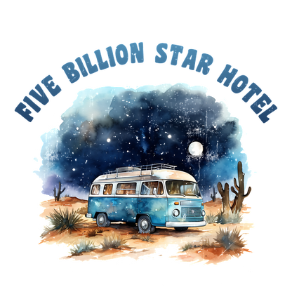 Una ilustración caprichosa de una autocaravana azul antigua bajo un cielo nocturno estrellado, con la frase "Hotel de cinco mil millones de estrellas".