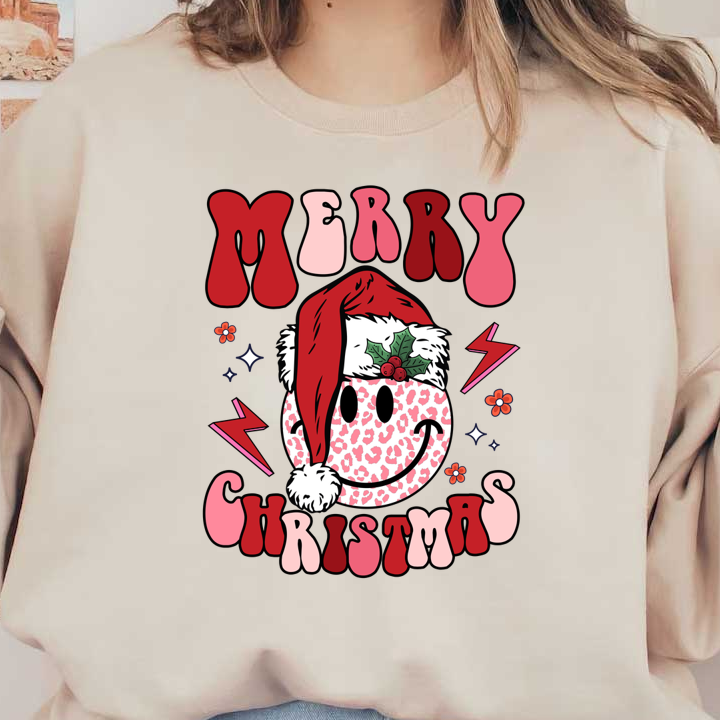 A cheerful Christmas design featuring a smiling leopard-print face wearing a festive Santa hat, surrounded by colorful lettering and decorations. dtf prints