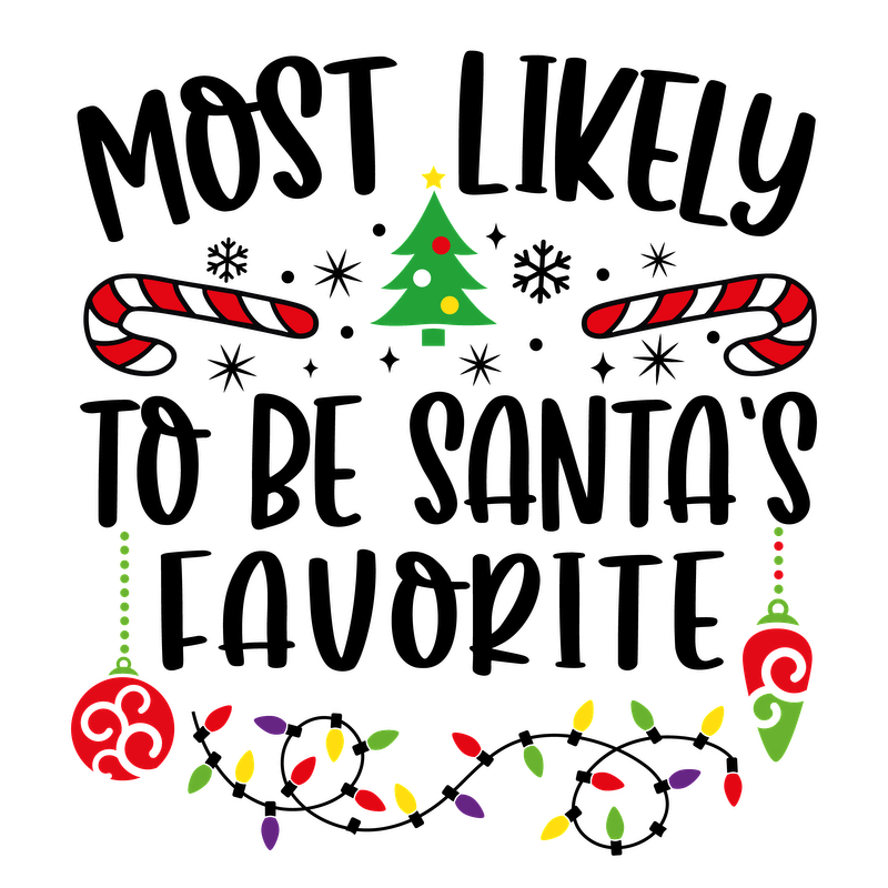 A cheerful holiday-themed illustration featuring a Christmas tree, candy canes, ornaments, and colorful festive lights for a joyful vibe!DTF Transfers heat press transfers heat press transfers