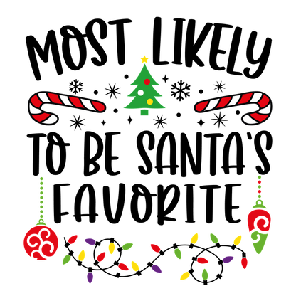 A cheerful holiday-themed illustration featuring a Christmas tree, candy canes, ornaments, and colorful festive lights for a joyful vibe!DTF Transfers heat press transfers heat press transfers