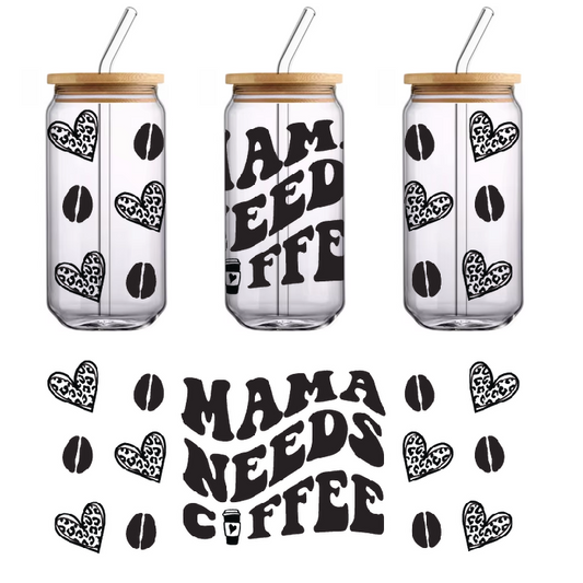Temporary tattoo with mama needs coffee slogan and heart and coffee beans design.UV Transfers