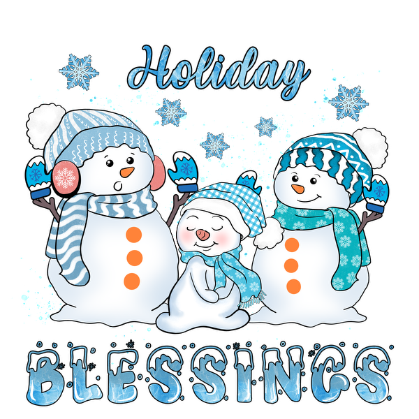 Three cheerful snowmen adorned in festive scarves and hats spread joy with the message "Holiday Blessings" surrounded by snowflakes.