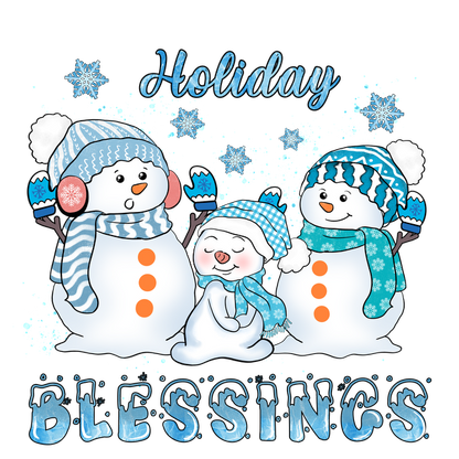 Three cheerful snowmen adorned in festive scarves and hats spread joy with the message "Holiday Blessings" surrounded by snowflakes.