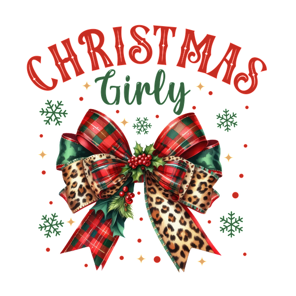 Festive "Christmas Girly" design featuring a vibrant plaid and leopard print bow, adorned with greenery and cheerful snowflakes.dtf regular iron