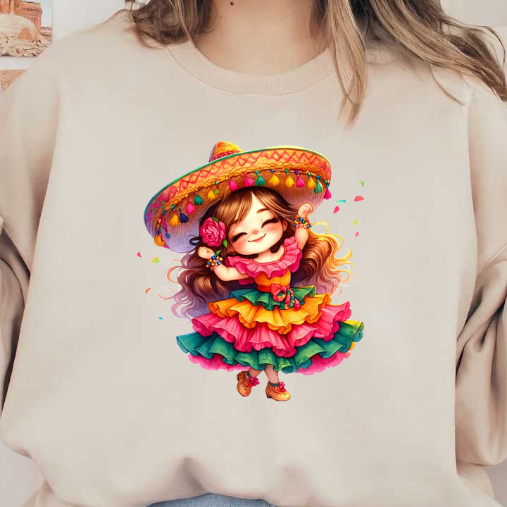 A cheerful girl in a vibrant, ruffled dress and a colorful sombrero, celebrating with joy and charm. heat press transfers