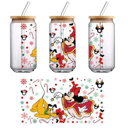 Minnie Mouse, dressed in a festive outfit, joyfully interacts with Pluto amidst a cheerful holiday backdrop of candy canes and decorations.UV Transfers