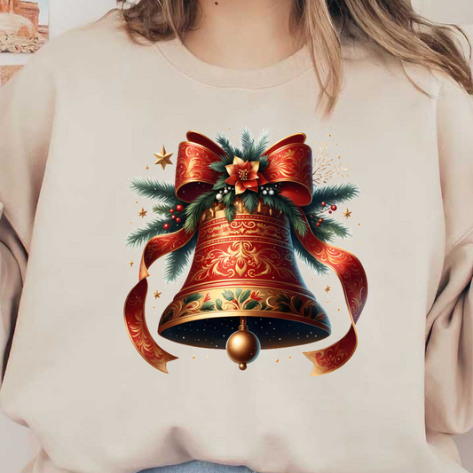 A beautifully decorated red Christmas bell adorned with festive greenery, a large bow, and intricate gold patterns. dtf transfers