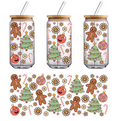 A whimsical festive pattern featuring cheerful Christmas trees, playful gingerbread men, candy canes, and colorful ornaments, perfect for holiday cheer!UV Transfers dtf transfers