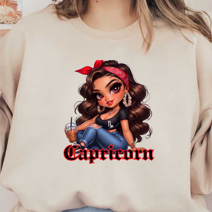 Un personaje de dibujos animados de moda con cabello largo y ondulado, un pañuelo rojo y una camisa de Capricornio disfruta de una bebida con jeans casuales.