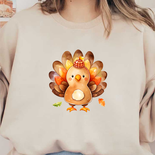 A cheerful cartoon turkey with colorful feathers and a cute plaid hat, perfect for fall festivities! dtf transfers heat press transfers