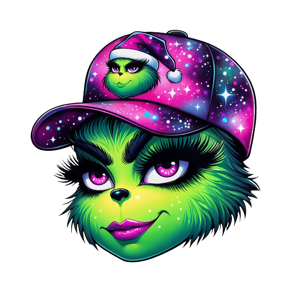 This vibrant artwork features a whimsical green character wearing a galaxy-themed cap with a festive Santa hat design.DTF Transfers