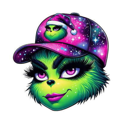 This vibrant artwork features a whimsical green character wearing a galaxy-themed cap with a festive Santa hat design.DTF Transfers