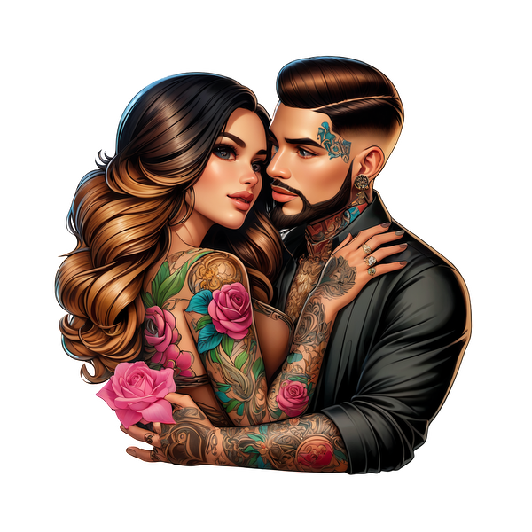 Una elegante pareja se abraza, mostrando intrincados tatuajes y vibrantes diseños florales, irradiando amor y expresión artística. Transferencias DTF