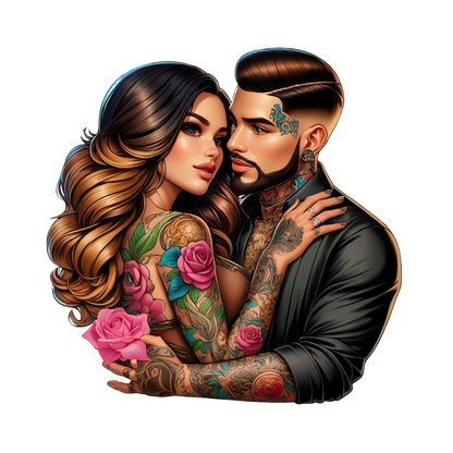 Una elegante pareja se abraza, mostrando intrincados tatuajes y vibrantes diseños florales, irradiando amor y expresión artística. Transferencias DTF