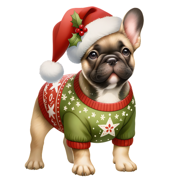 Un lindo bulldog francés vestido con un festivo gorro rojo de Papá Noel y un suéter navideño verde con un diseño de estrellas.