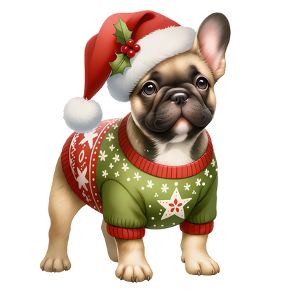 Un lindo bulldog francés vestido con un festivo gorro rojo de Papá Noel y un suéter navideño verde con un diseño de estrellas.