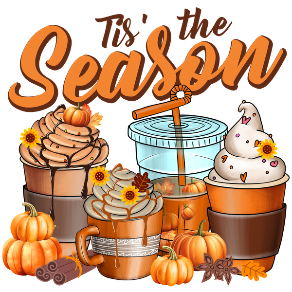 A vibrant autumn-themed illustration featuring four delightful coffee cups with seasonal toppings, surrounded by pumpkins and floral accents. dtf transfers