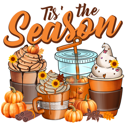 A vibrant autumn-themed illustration featuring four delightful coffee cups with seasonal toppings, surrounded by pumpkins and floral accents. dtf transfers