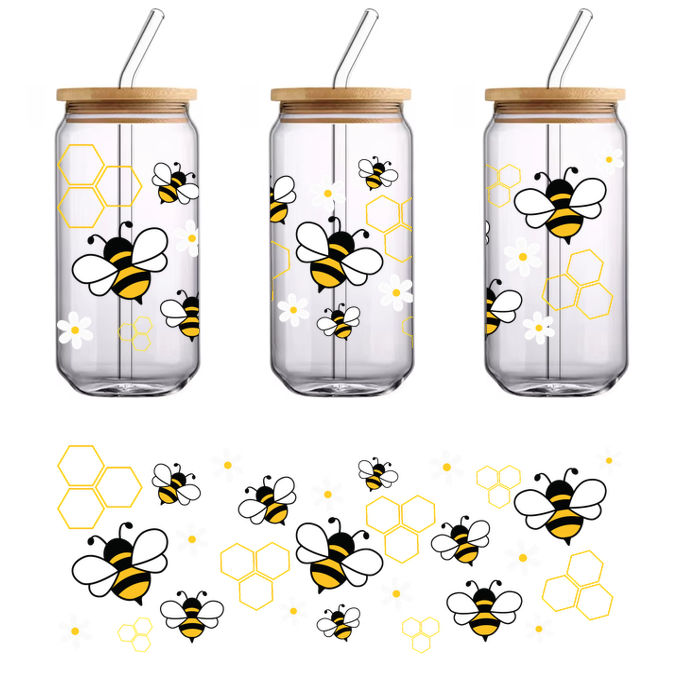 Un patrón divertido con abejas zumbando, panales de color amarillo vibrante y alegres flores blancas, perfecto para un diseño con temática de la naturaleza. Transferencias UV