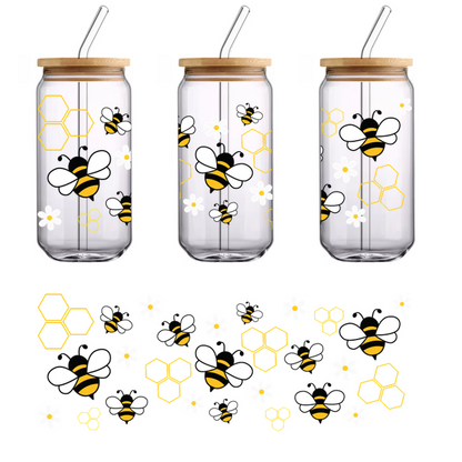 Un patrón divertido con abejas zumbando, panales de color amarillo vibrante y alegres flores blancas, perfecto para un diseño con temática de la naturaleza. Transferencias UV