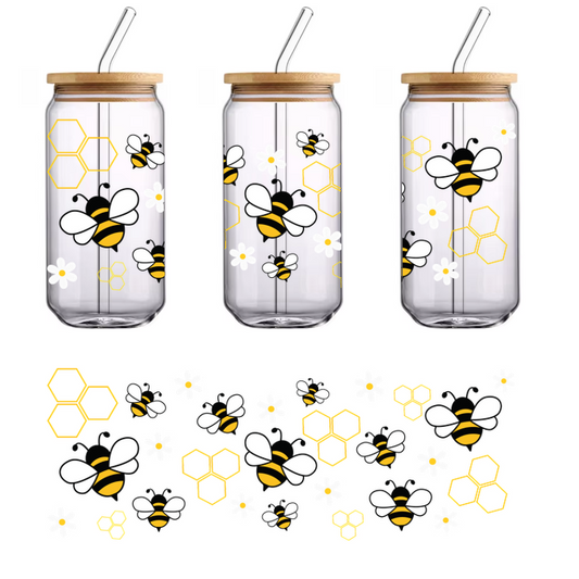 A playful pattern featuring buzzing bees, vibrant yellow honeycombs, and cheerful white flowers, perfect for a nature-themed design.UV Transfers dtf transfers