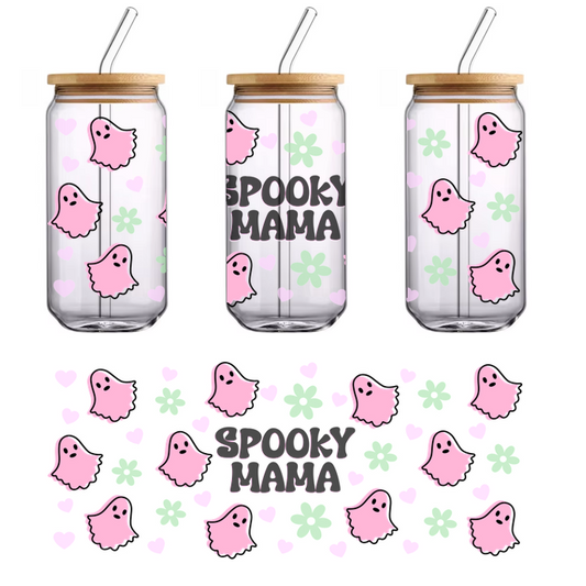 A playful design featuring cute pink ghosts, green flowers, and hearts with the text "Spooky Mama" in the center.UV Transfers dtf transfers