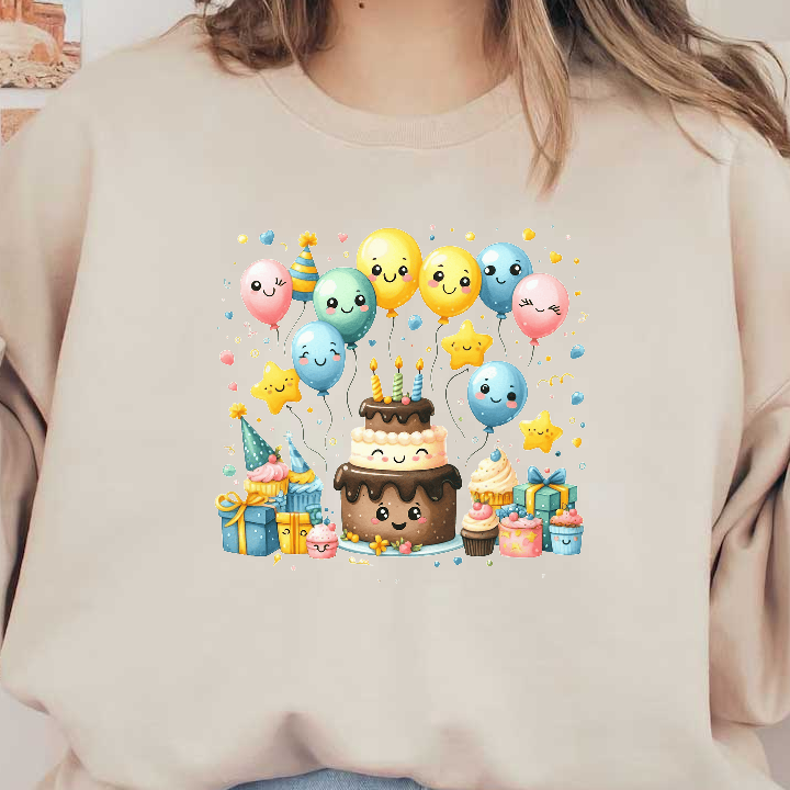 A cheerful birthday scene featuring a double-layered cake with cute faces, colorful balloons, and playful treats surrounded by festive decorations.DTF Transfers