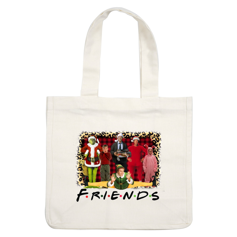 A festive holiday-themed graphic featuring characters in playful costumes, set against a vibrant plaid background with "FRIENDS" text.DTF Transfers heat press transfers dtf transfers